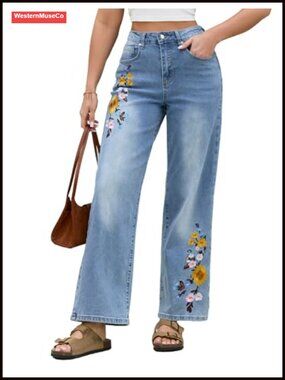 Embroidered Floral High Rise Straight Leg Jeans Pockets Denim